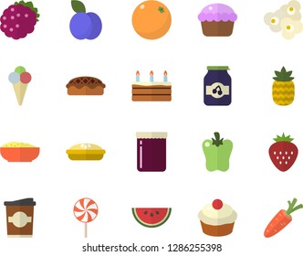 Color flat icon set watermelon flat vector, cupcake, cake, porridge, pie, lollipop, bell pepper, popcorn, ice cream, coffe, jam, Strawberry, blackberry, pineapple, plum, orange, carrot