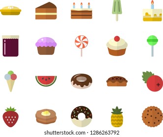 Color flat icon set watermelon flat vector, cupcake, piece of cake, donut, pie, lollipop, ice cream, jam, cranberry, Strawberry, pineapple, pancakes, biscuit