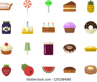 Color flat icon set watermelon flat vector, cupcake, piece of cake, donut, pie, lollipop, ice cream, jam, cranberry, Strawberry, pineapple, pancakes