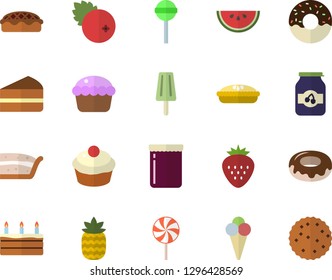 Color flat icon set watermelon flat vector, cupcake, piece of cake, donut, pie, lollipop, ice cream, jam, cranberry, Strawberry, pineapple, biscuit