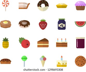 Color flat icon set watermelon flat vector, cupcake, piece of cake, donut, pie, lollipop, ice cream, jam, cranberry, Strawberry, pineapple, pancakes, biscuit