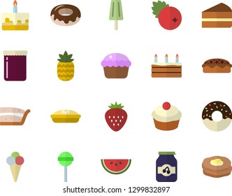 Color flat icon set watermelon flat vector, cupcake, piece of cake, donut, pie, lollipop, ice cream, jam, cranberry, Strawberry, pineapple, pancakes
