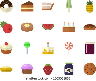 Color flat icon set watermelon flat vector, cupcake, piece of cake, donut, pie, lollipop, ice cream, jam, cranberry, Strawberry, pineapple, pancakes, biscuit