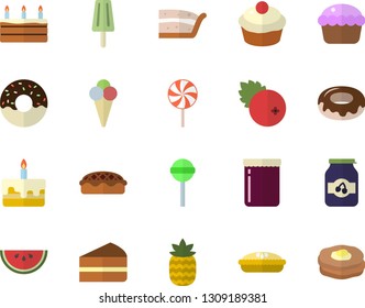 Color flat icon set watermelon flat vector, cupcake, piece of cake, donut, pie, lollipop, ice cream, jam, cranberry, pineapple, pancakes