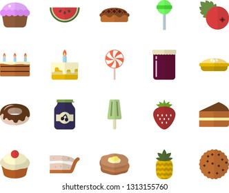 Color flat icon set watermelon flat vector, cupcake, piece of cake, donut, pie, lollipop, ice cream, jam, cranberry, Strawberry, pineapple, pancakes, biscuit