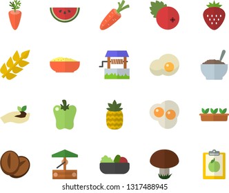 Color flat icon set watermelon flat vector, salad, porridge, coffee beans, carrot, bell pepper, scrambled eggs, cranberry, Strawberry, pineapple, mushroom, well, seedlings, ear, diet