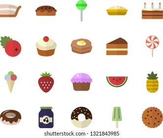Color flat icon set watermelon flat vector, cupcake, piece of cake, donut, pie, lollipop, ice cream, jam, cranberry, Strawberry, pineapple, pancakes, biscuit