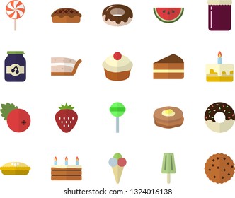 Color flat icon set watermelon flat vector, cupcake, piece of cake, donut, pie, lollipop, ice cream, jam, cranberry, Strawberry, pancakes, biscuit