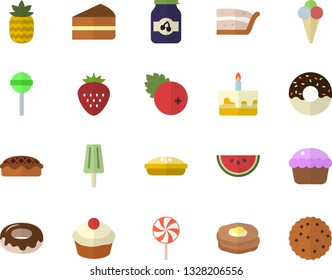 Color flat icon set watermelon flat vector, cupcake, piece of cake, donut, pie, lollipop, ice cream, jam, cranberry, Strawberry, pineapple, pancakes, biscuit