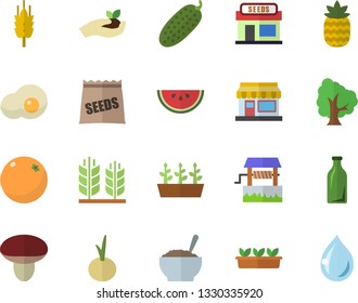 Color flat icon set watermelon flat vector, porridge, onion, cucumber, scrambled eggs, pineapple, orange, mushroom, seeds, ear, well, tree, grain warehouse, seedlings, glass bottles, drop