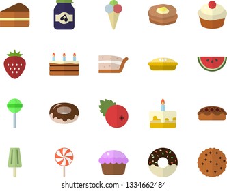Color flat icon set watermelon flat vector, cupcake, piece of cake, donut, pie, lollipop, ice cream, jam, cranberry, Strawberry, pancakes, biscuit
