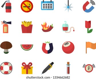 Color Flat Icon Set Watermelon Flat Vector, Hot Peppers, French Fries, Mushroom, Tulip, Laser, Magnet, Flag, Calendar, Present, Blood Transfusion, Test, Pen, Bowling Ball, No Smoking Fector