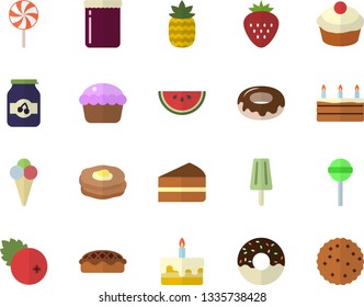 Color flat icon set watermelon flat vector, cupcake, piece of cake, donut, pie, lollipop, ice cream, jam, cranberry, Strawberry, pineapple, pancakes, biscuit