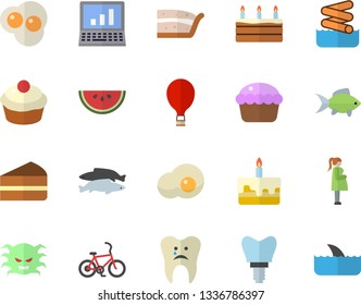 Color flat icon set watermelon flat vector, cupcake, piece of cake, fish, scrambled eggs, virus, gestation, caries, implant, computer, bicycle fector, balloon, aquapark, shark