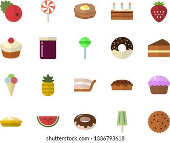 Color flat icon set watermelon flat vector, cupcake, piece of cake, donut, pie, lollipop, ice cream, jam, cranberry, Strawberry, pineapple, pancakes, biscuit