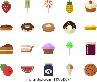 Color flat icon set watermelon flat vector, cupcake, piece of cake, donut, pie, lollipop, ice cream, jam, cranberry, Strawberry, pineapple, pancakes, biscuit