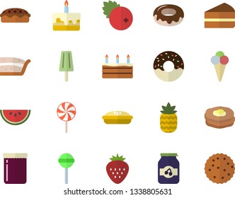 Color flat icon set watermelon flat vector, piece of cake, donut, pie, lollipop, ice cream, jam, cranberry, Strawberry, pineapple, pancakes, biscuit