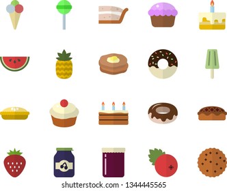 Color flat icon set watermelon flat vector, cupcake, piece of cake, donut, pie, lollipop, ice cream, jam, cranberry, Strawberry, pineapple, pancakes, biscuit