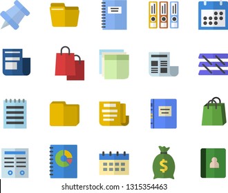 Color flat icon set wealth flat vector, bags, news, book balance accounting, calendar, document, computer file, sticker, paper tray, contract, notepad, textbook, notebook, pushpin
