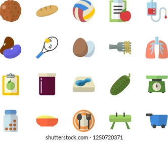 Color flat icon set weighing machine flat vector, egg, table setting, legumes, bread, spaghetti on a fork, porridge, cutlet, cucumber, jam, pool, blood transfusion, lungs, volleyball, diet, vitamins