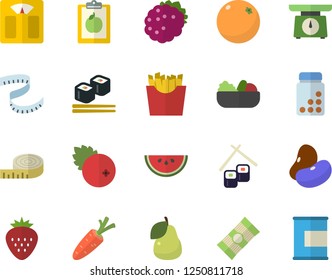 Color flat icon set weighing machine flat vector, spaghetti, legumes, watermelon, salad, French fries, fish rolls, cranberry, Strawberry, blackberry, pear, orange, carrot, diet, centimeter, vitamins Color flat icon set weighing machine flat vector, spaghetti, legumes, watermelon, salad, French fries, fish rolls, cranberry, Strawberry, blackberry, pear, orange, carrot, diet, centimeter, vitamins