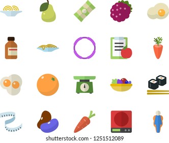Color flat icon set weighing machine flat vector, spaghetti, legumes, salad, carrot, fish rolls, scrambled eggs, blackberry, pear, orange, vial, diet, centimeter, hoop, size