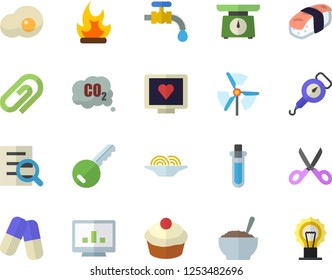 Color flat icon set weighing machine flat vector, spring balance, scissors, spaghetti, cupcake, porridge, sashimi, scrambled eggs, water tap, bonfire, carbon dioxide, pills, chart, magnifier, clip