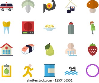 Color flat icon set weighing machine flat vector, spaghetti, mushroom, fish rolls, sashimi, Strawberry, pear, hospital, ambulance, diagnostics, gestation, dental crowns, diet, muscles, sports, run