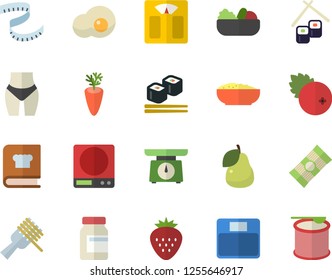 Color flat icon set weighing machine flat vector, cookbook, spaghetti, on a fork, salad, porridge, carrot, fish rolls, scrambled eggs, cranberry, Strawberry, pear, centimeter, waistline, vitamins