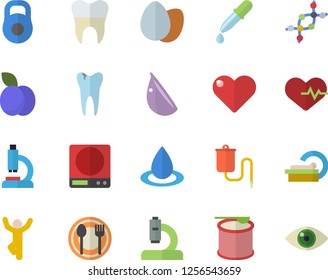 Color flat icon set weighing machine flat vector, table setting, egg, garlic, plum, drop, medical warmer, pipette, microscope, tomograph, caries, dental crowns, dna, weight, heartbeat, gymnastics
