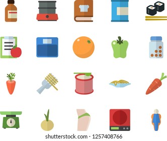 Color flat icon set weighing machine flat vector, double boiler, cookbook, spaghetti on a fork, carrot, onion, bell pepper, fish rolls, orange, vial, diet, buttocks, vitamins, proteins, steroids