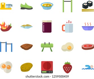 Color flat icon set weighing machine flat vector, food processor, potato, spaghetti, soup, chop, hot peppers, fish rolls, tea, scrambled eggs, jam, Strawberry, sneakers, parallel bars, swimming