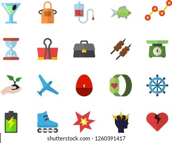 Color flat icon set weighing machine flat vector, apron, kitchen egg timer, shashlik, fish, cocktail, seedlings, battery, scatter chart, blood transfusion, headache, briefcase, spark, roller Skates