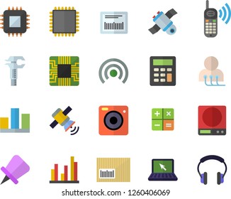 Color flat icon set weighing machine flat vector, motherboard, trammel, phone call, barcode, calculator, diagnostics, statistic, laptop, satellit, cpu, broadcast, drawing pin, camera, headset