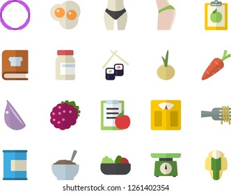 Color flat icon set weighing machine flat vector, cookbook, spaghetti on a fork, salad, porridge, garlic, onion, fish rolls, scrambled eggs, blackberry, carrot, diet, buttocks, waistline, vitamins