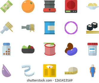 Color flat icon set weighing machine flat vector, double boiler, spaghetti, legumes, on a fork, salad, garlic, fish rolls, orange, vial, centimeter, vitamins, proteins, steroids, hoop, size