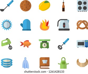 Color flat icon set weighing machine flat vector, electric kettle, apron, potholder, ladle, whisk, towel, stove, fire, gas, microwave, mixer, cookbook, plates, fish, sauce, lemon, biscuit, bagel