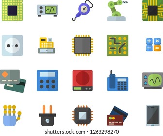 Color flat icon set weighing machine flat vector, spring balance, socket, plug, motherboard, credit card, calculator, cash, telephone, robot hand, cpu, oscilloscope, industrial, electronic circuit