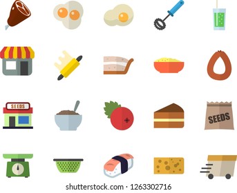 Color flat icon set weighing machine flat vector, colander, whisk, rolling pin, sausage, cheese, piece of cake, porridge, ham, sashimi, soda, scrambled eggs, cranberry, seeds, grain warehouse