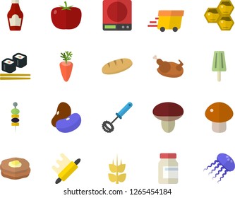 Color flat icon set weighing machine flat vector, whisk, rolling pin, tomato, ketchup, legumes, bread, mushroom, chicken, carrot, fish rolls, ice cream, canape, honeycomb, ear, pancakes, vitamins