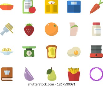 Color flat icon set weighing machine flat vector, double boiler, cookbook, spaghetti on a fork, porridge, garlic, French fries, scrambled eggs, Strawberry, pear, sandwich, orange, carrot, diet, hoop