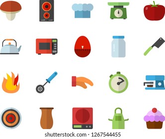 Color flat icon set weighing machine flat vector, teapot, cook hat, apron, potholder, kitchen spoon, stopwatch, egg timer, knives, fire, induction cooker, microwave, coffee, glass jar, jugful, cake