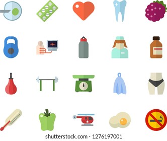 Color flat icon set weighing machine flat vector, towel, bell pepper, scrambled eggs, blackberry, pill packaging, vial, heart, diagnostics, helicopter, nurse, artificial insemination, tooth, barbell