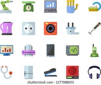 Color flat icon set weighing machine flat vector, electric kettle, blender, fridge, socket, plug, stethoscope, tomograph, computer chart, telephone, printer, stapler, robot hand, oscilloscope