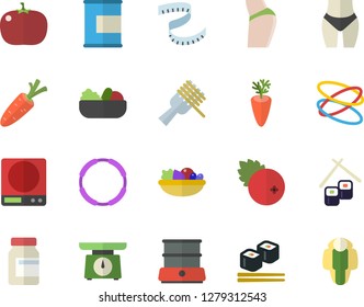 Color flat icon set weighing machine flat vector, double boiler, spaghetti on a fork, salad, carrot, tomato, fish rolls, cranberry, centimeter, buttocks, waistline, vitamins, proteins, hoop