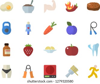 Color flat icon set weighing machine flat vector, spaghetti on a fork, porridge, cutlet, hot peppers, tomato, scrambled eggs, Strawberry, plum, carrot, vial, gestation, broken tooth, weight, muscles