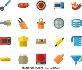 Color flat icon set weighing machine flat vector, meashuring cup, cook hat, apron, kitchen spoon, knives, rolling pin, cutting board, induction cooker, microwave, spice, flour, sieve, plates, chop