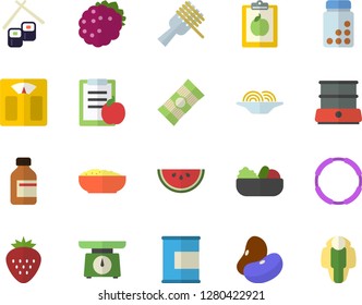 Color flat icon set weighing machine flat vector, double boiler, spaghetti, legumes, watermelon, on a fork, salad, porridge, fish rolls, Strawberry, blackberry, vial, diet, vitamins, proteins, hoop