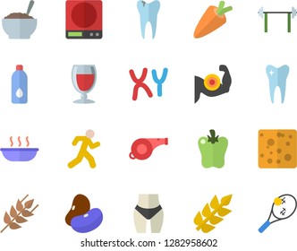 Color flat icon set weighing machine flat vector, ear, legumes, carrot, cheese, soup, porridge, bell pepper, wine, chromosomes, tooth, caries, barbell, whistle, muscles, waistline, run, water