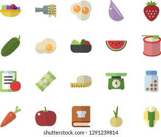 Color flat icon set weighing machine flat vector, cookbook, spaghetti, watermelon, on a fork, salad, garlic, onion, tomato, cucumber, scrambled eggs, Strawberry, carrot, diet, centimeter, vitamins